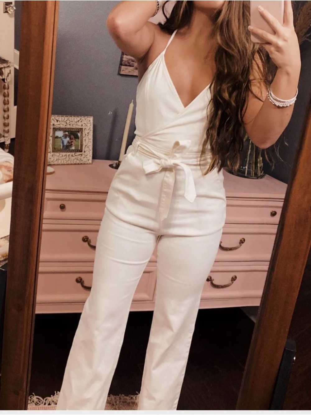 Women's White Wrap Front Jumpsuit with Waist Tie